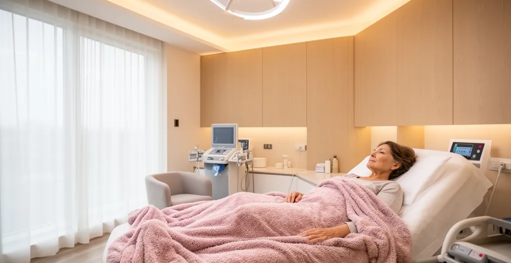 Patiente au repos dans une chambre de clinique moderne et chaleureuse